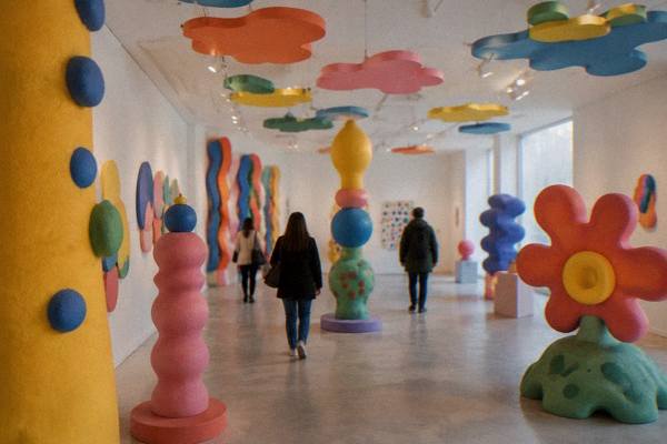 Bright indoor exhibition room with colourful installations